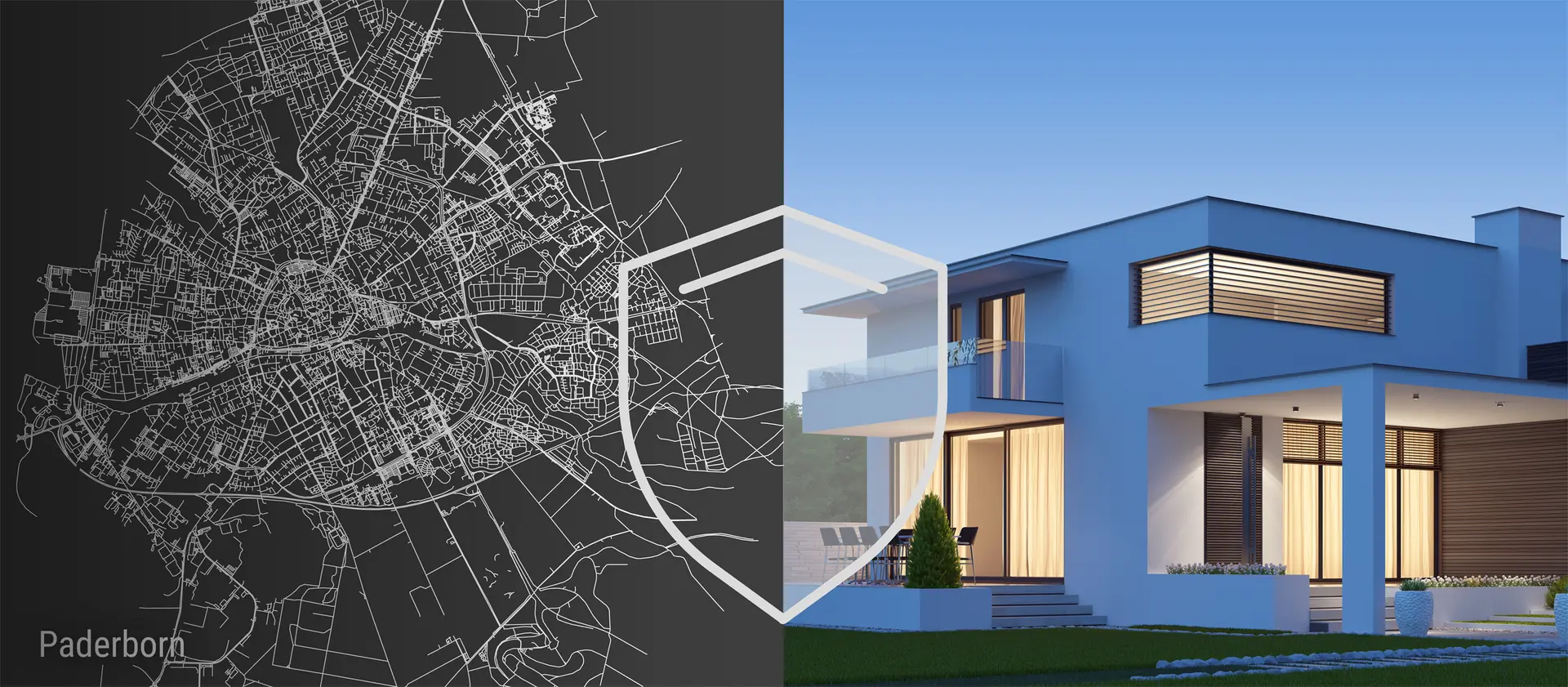 Ansicht eines modernen Hauses und einer skizzierten Stadtkarte von Paderborn.
